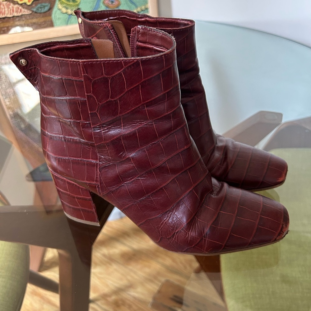 Burgundy Croc-Embossed Ankle Boots